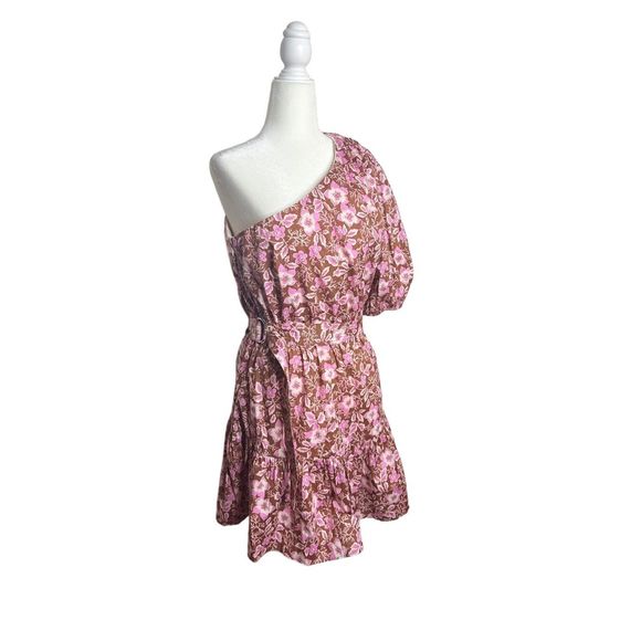 Jason Wu One Shoulder Puff Sleeve Floral Belted Mini Dress Pink Tan Size Large - Picture 2 of 7